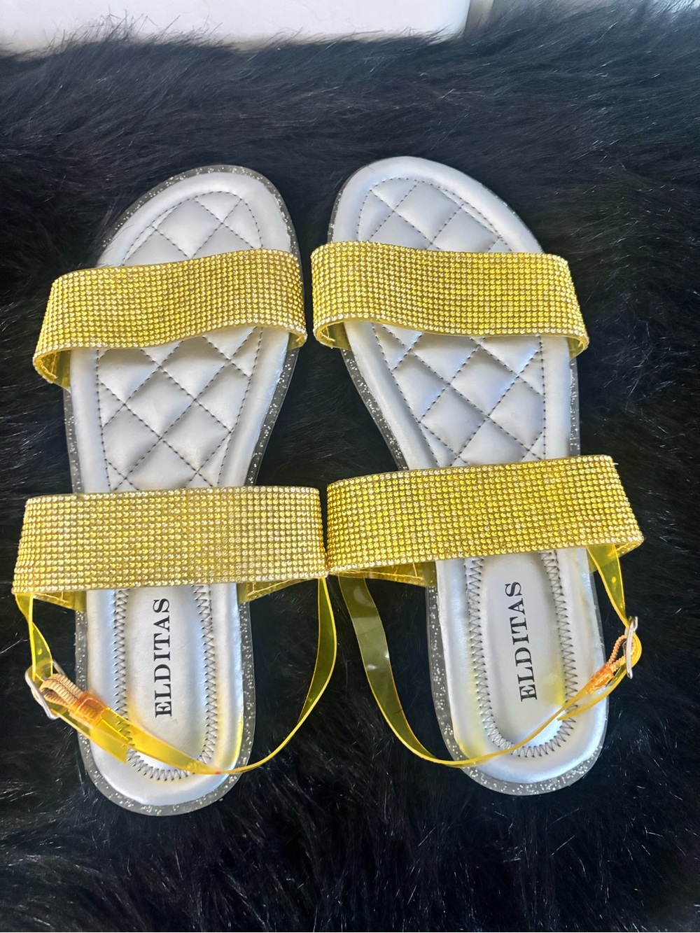 ELDITAS Yellow Rhinestone Strap Slide Sandals, Size 8 in kids